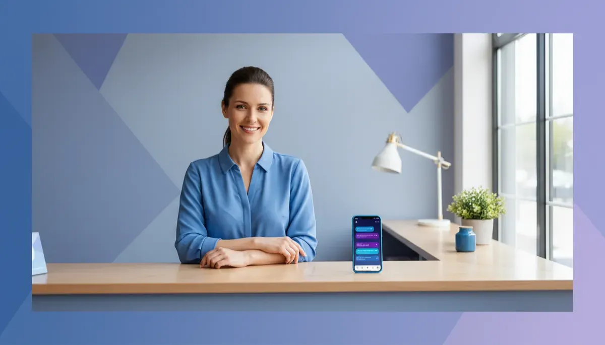 photorealistic scene of a small business front desk with a friendly owner standing behind the counter, a modern smartphone on the counter showing an active text conversation with blue and purple chat bubbles using brand colors Primary Blue #2463EB, Secondary Purple #7C3BED, Accent Sky Blue #0DA2E7, soft natural daylight through the window, clean professional atmosphere