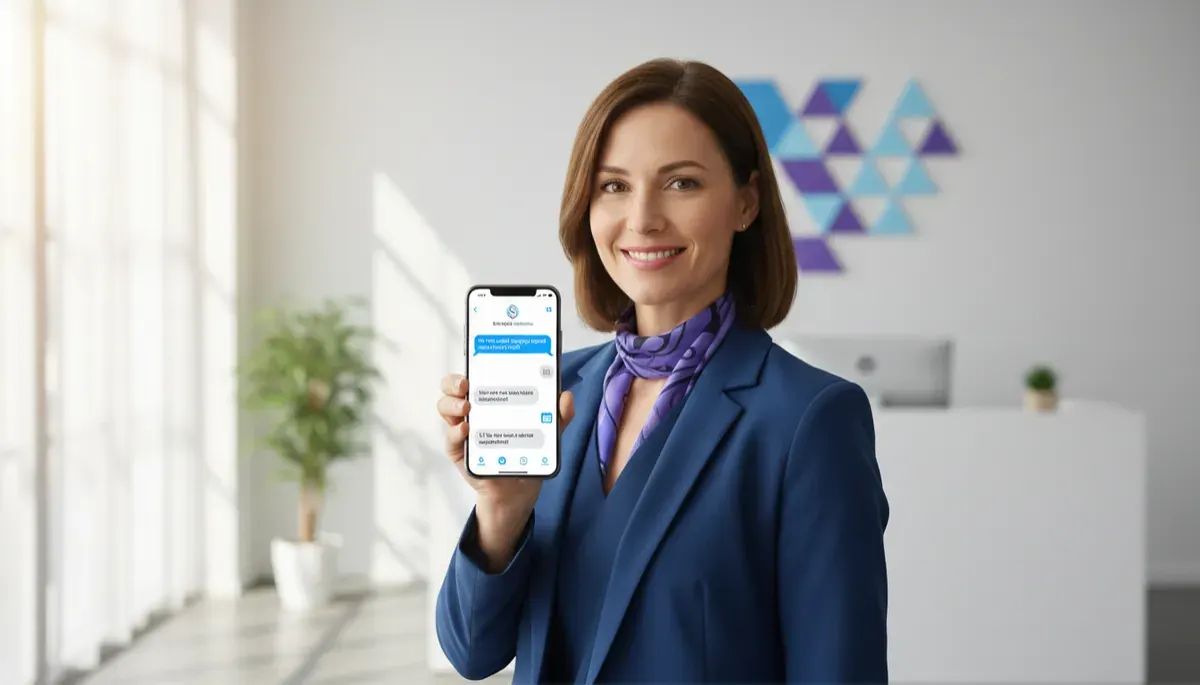 Small business owner at a front desk with a smartphone showing an AI text conversation that books an appointment