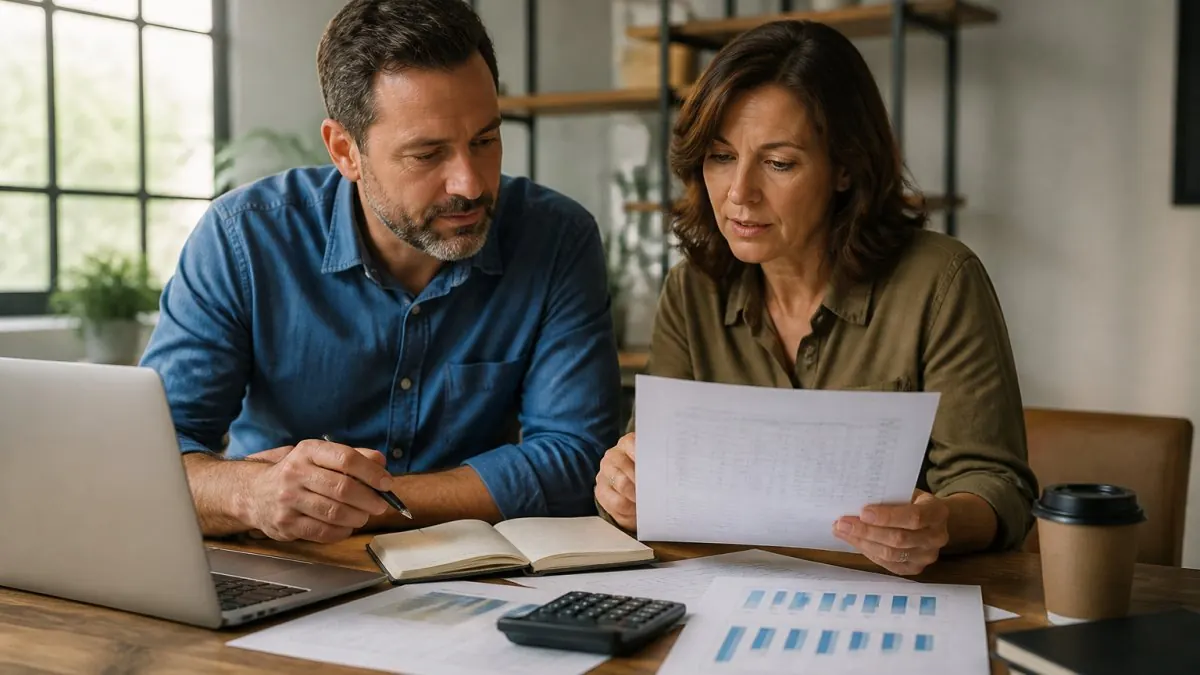 A small business owner and an operations manager reviewing scheduling data on a laptop and printed reports at a tidy desk, calculator and coffee nearby, warm natural light