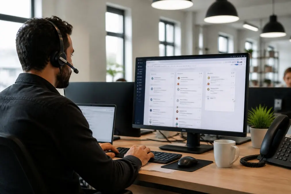 Support agent reviewing a live chat dashboard to provide 24/7 client support in a modern office.