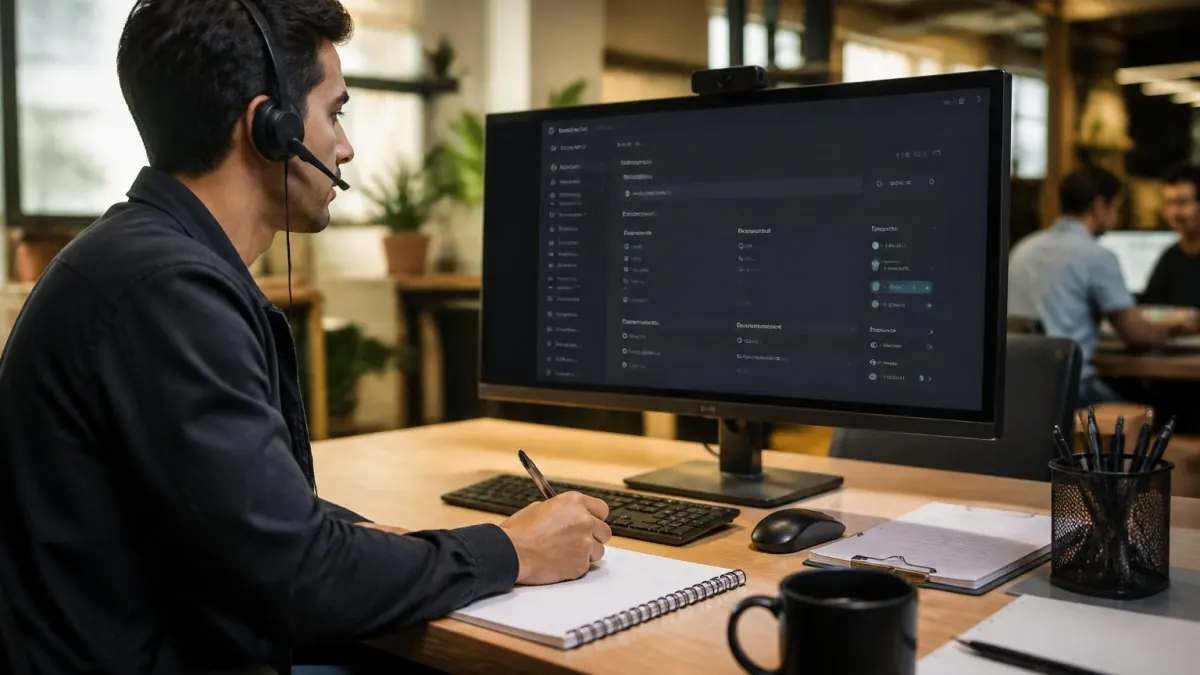 A professional in a modern office reviewing an AI voice bot dashboard on a large monitor, with a headset and notebook on the desk, focused on tuning settings