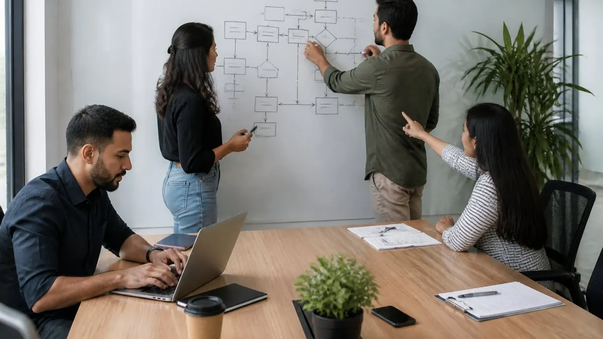 A project team in a bright conference room mapping call flows on a whiteboard while one member reviews CRM data on a laptop