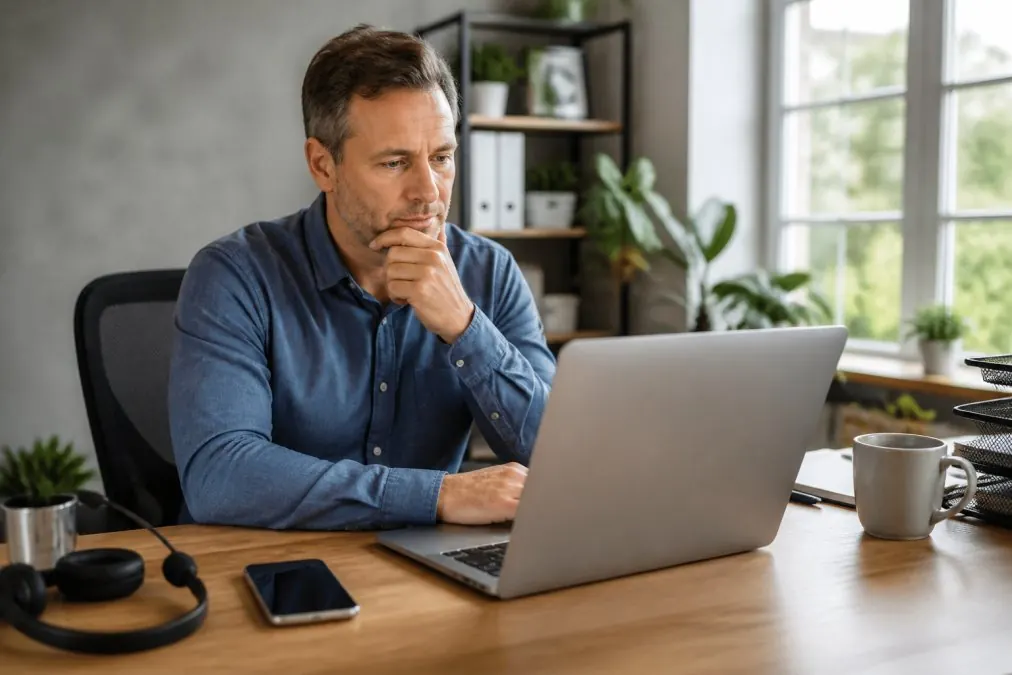 Small business owner at a desk using AI voice systems to manage a call