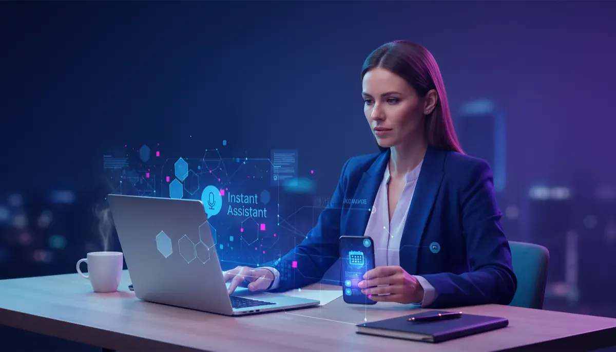 Local business owner reviewing an AI-powered smart website with chatbot and booking calendar on laptop and phone