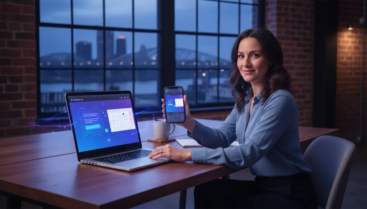 photorealistic scene of a local business owner in a modern professional workspace, reviewing a responsive website on a laptop and smartphone, both screens showing an AI chatbot conversation and an online booking calendar, blue and purple color scheme with subtle glowing interface elements