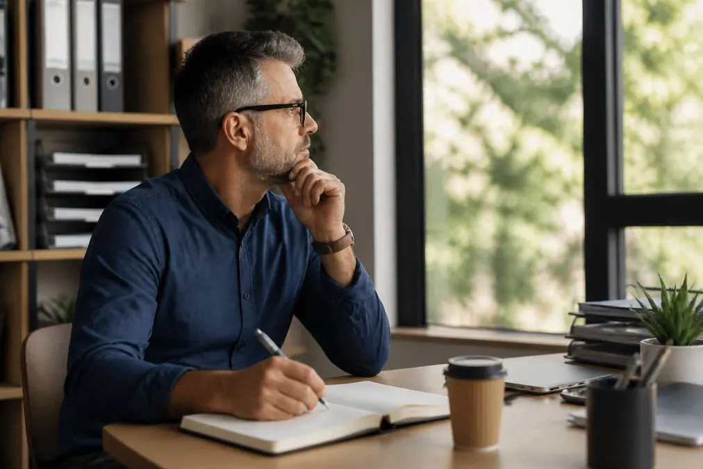 Sales manager reviewing data to automate inquiry qualification on a desk