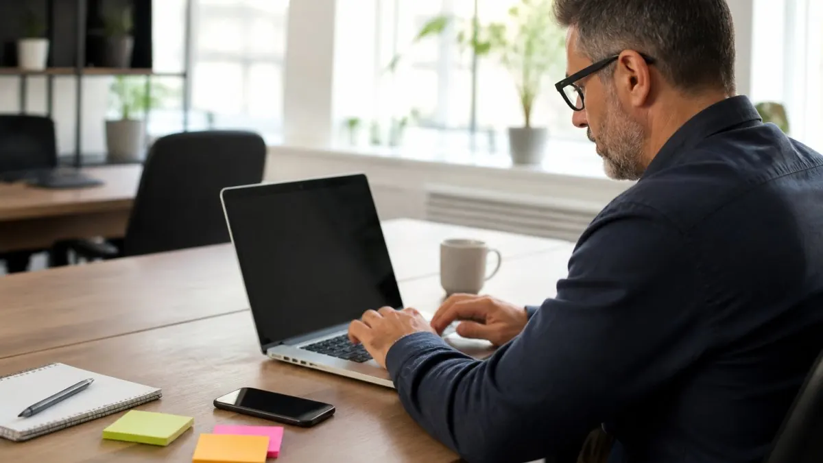 Sales manager reviewing CRM inquiry follow up automation on a laptop in a bright office workspace