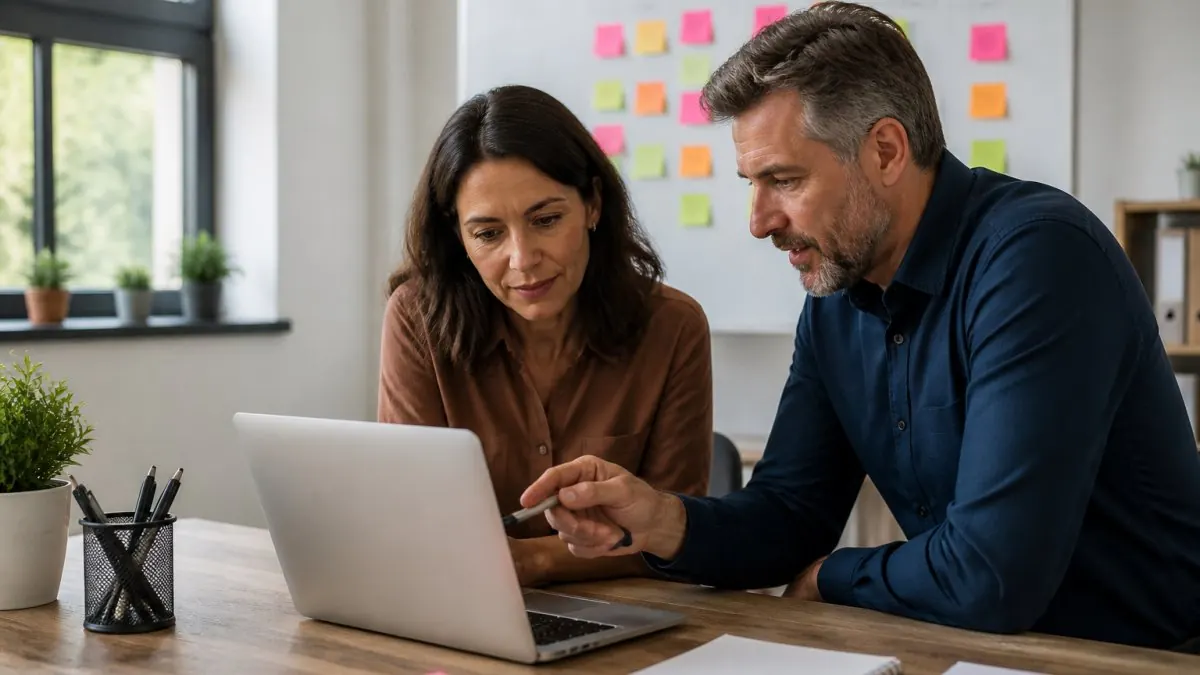 Business owner and manager reviewing an inquiry management pipeline on a laptop in a bright office with whiteboards