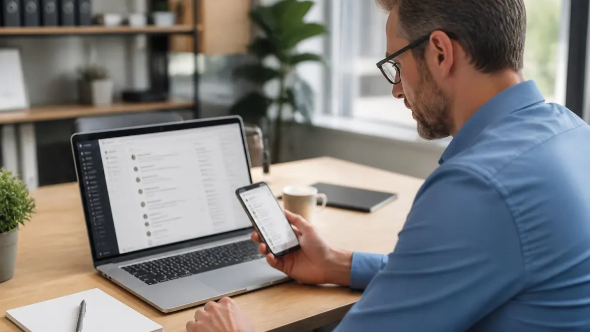 Business owner reviewing customer feedback on smartphone while working at desk with laptop showing review management dashboard in modern office setting with natural lighting