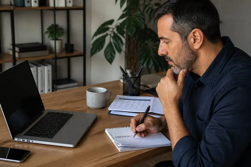 A business owner at a desk with a laptop, reviewing a calendar and preparing questions on a notepad before a virtual demo meeting