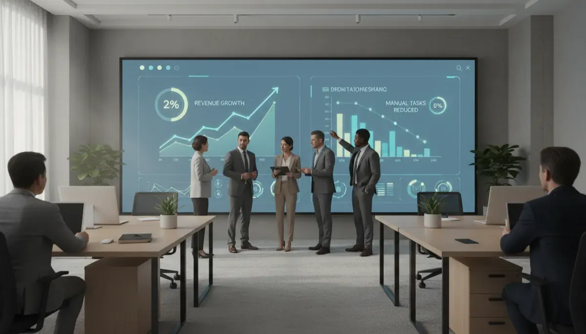 photorealistic neutral-toned modern office with diverse executives reviewing an AI automation dashboard on a large wall screen, charts showing rising revenue and reduced manual tasks, soft natural light and minimalist decor