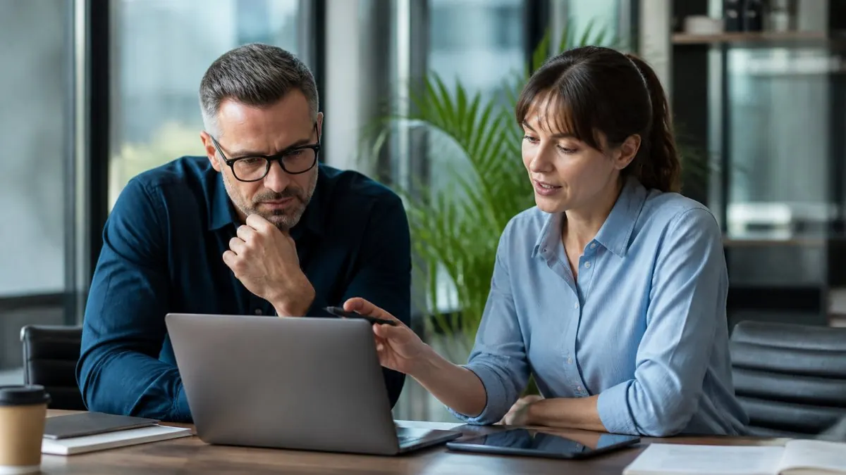 A business owner and operations manager reviewing a laptop screen showing a dashboard with charts and metrics in a bright modern office