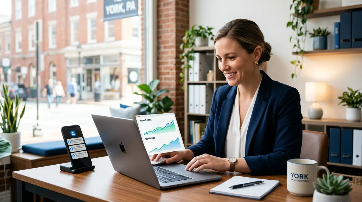 Small business owner reviewing a digital marketing dashboard showing rising inquiries and bookings on a laptop