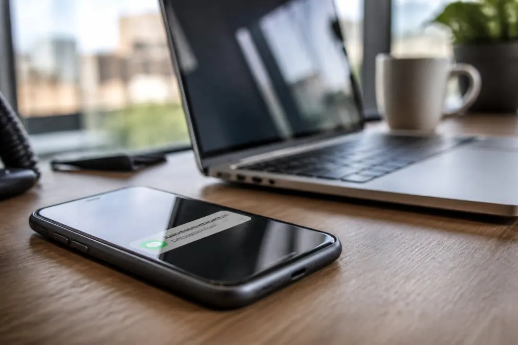 Smartphone displaying an automated text notification to fix missed calls with ai automation in a bright office