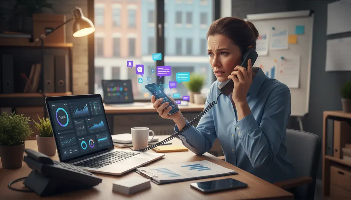 Local service business owner juggling a ringing phone and unread messages while an AI automation dashboard runs on a laptop