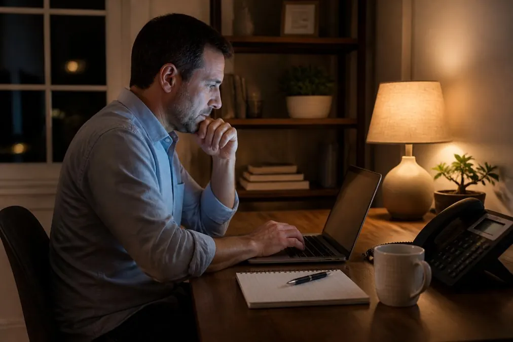 Small business owner working late on a laptop with smart website features for automated client support