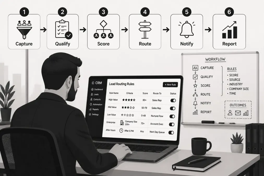 A sales operations manager reviewing a laptop screen showing a CRM dashboard with inquiry routing rules, in a modern office with a whiteboard of workflow notes behind them