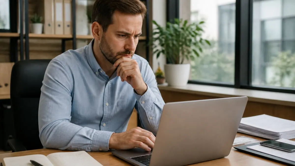 An operations manager at a desk reviewing inquiry records on a laptop with a notebook of handwritten notes beside the keyboard, focused expression, bright office setting