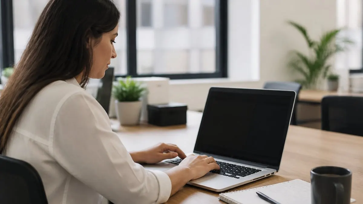 A marketer at a desk reviewing a clean CRM dashboard on a laptop, with a notebook and coffee beside them in a bright office