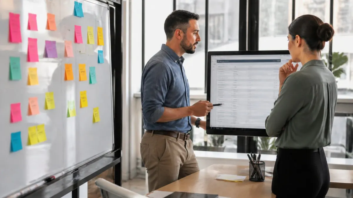 Business professionals reviewing CRM data and workflow diagrams while integrating AI in a modern office setting