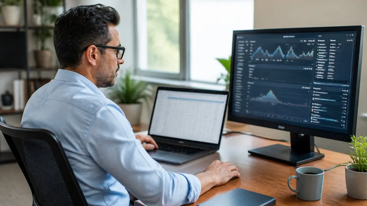 Business operations manager reviewing call analytics on laptop while monitoring live AI voice agent performance dashboard on second screen in modern office with natural window lighting