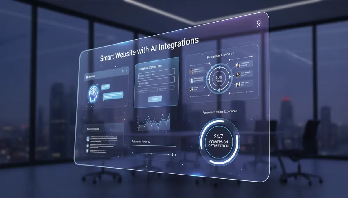 Photorealistic modern office with AI-powered smart website dashboard showing lead capture and conversion analytics