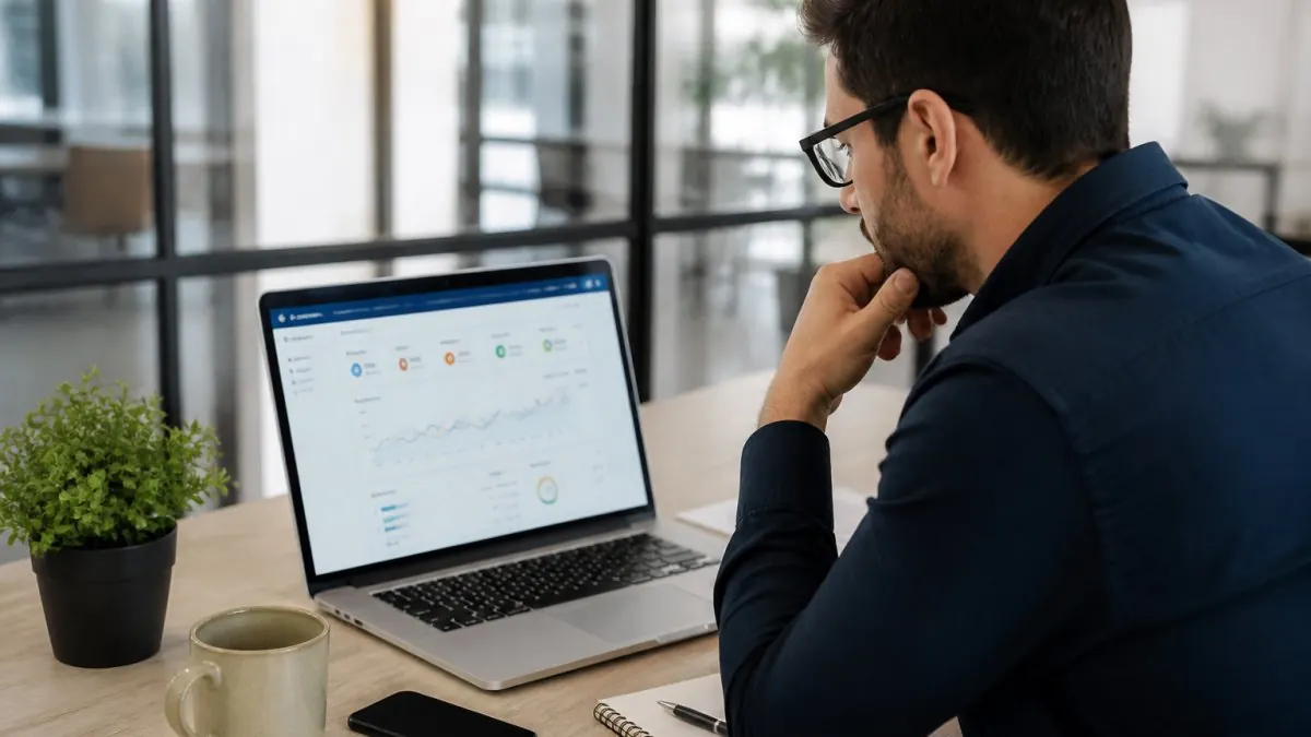 A business owner reviewing a laptop screen showing a dashboard with inquiry metrics, in a bright modern office