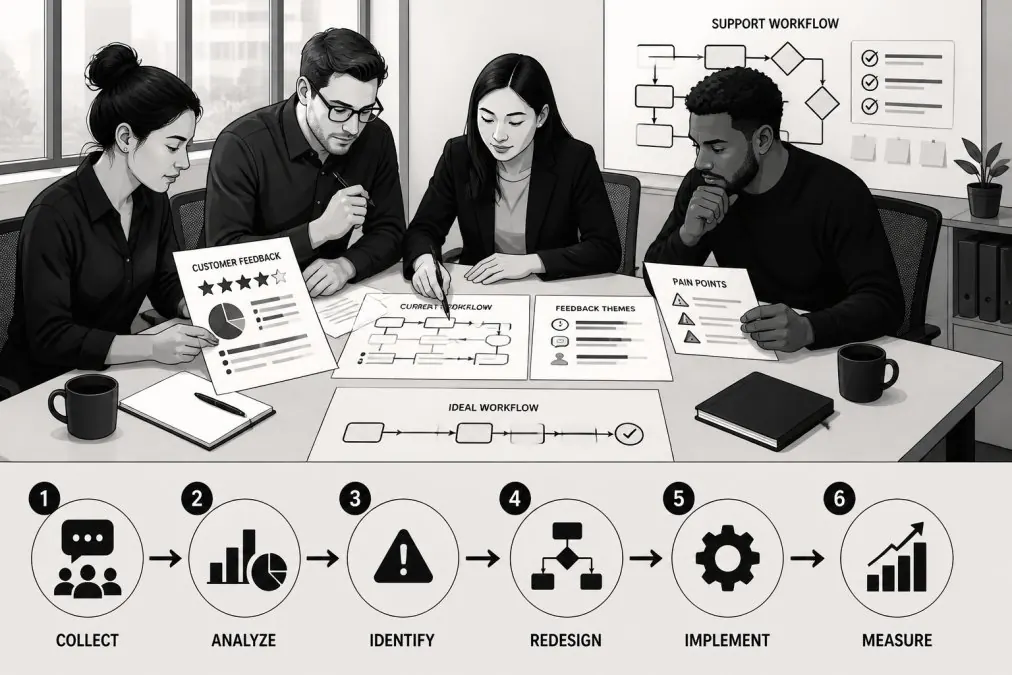 Support team reviewing feedback and diagrams when using customer feedback to improve support workflows