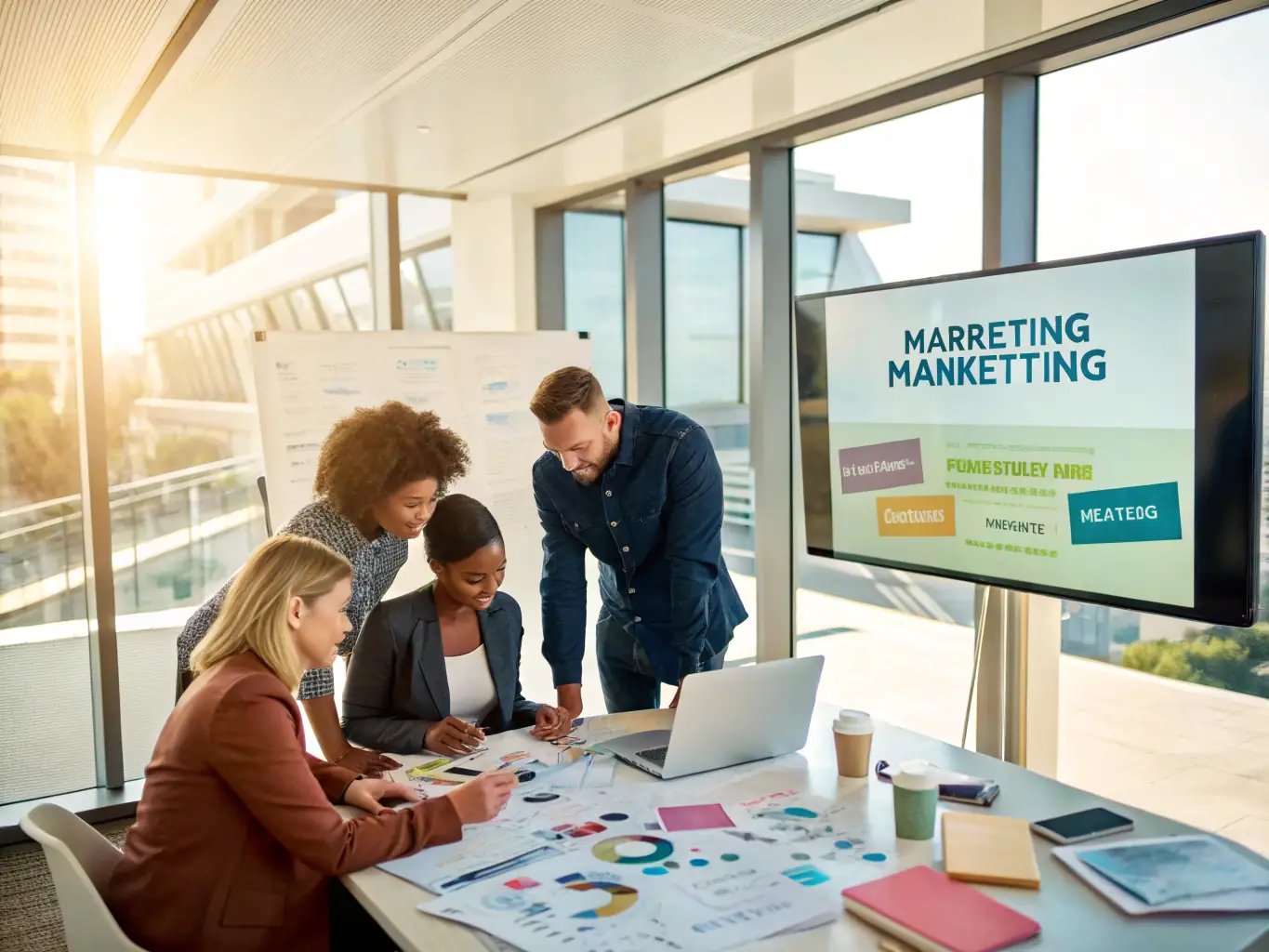 An image showing a diverse team managing social media dashboards, email campaigns, and analytics on multiple screens, representing Synergy Digital Solutions' Digital Marketing Suite.