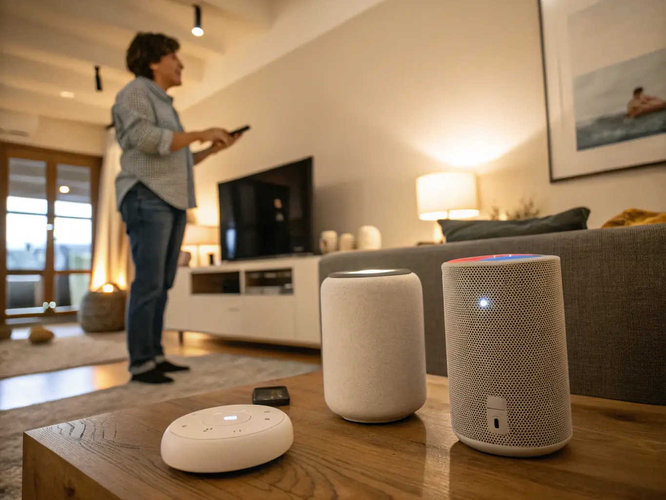 A visual of a customer speaking to a voice-enabled device with a friendly AI assistant responding, representing Synergy Digital Solutions' AI Voice Bots.