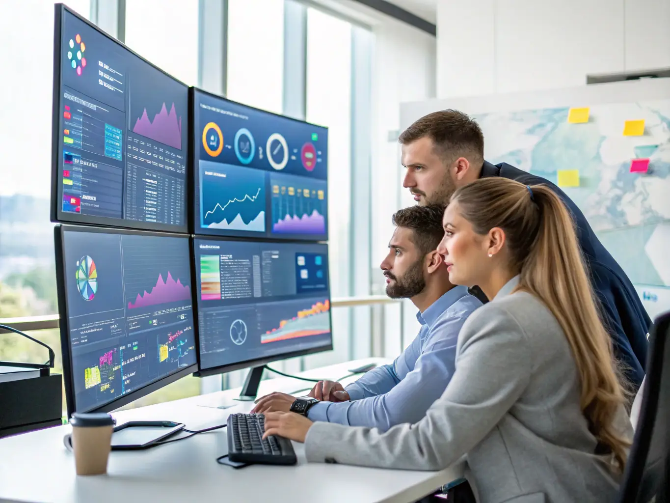 A dynamic image showcasing various social media platforms with engaging content, analytics dashboards, and a team collaborating on social media strategies.