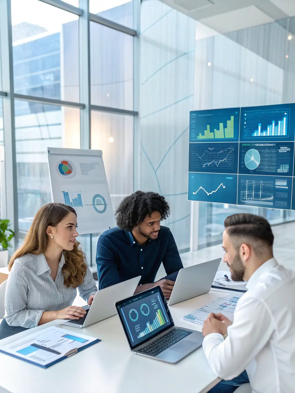 An image of a diverse group of people collaborating around a holographic display showing data analytics, representing improved team efficiency.