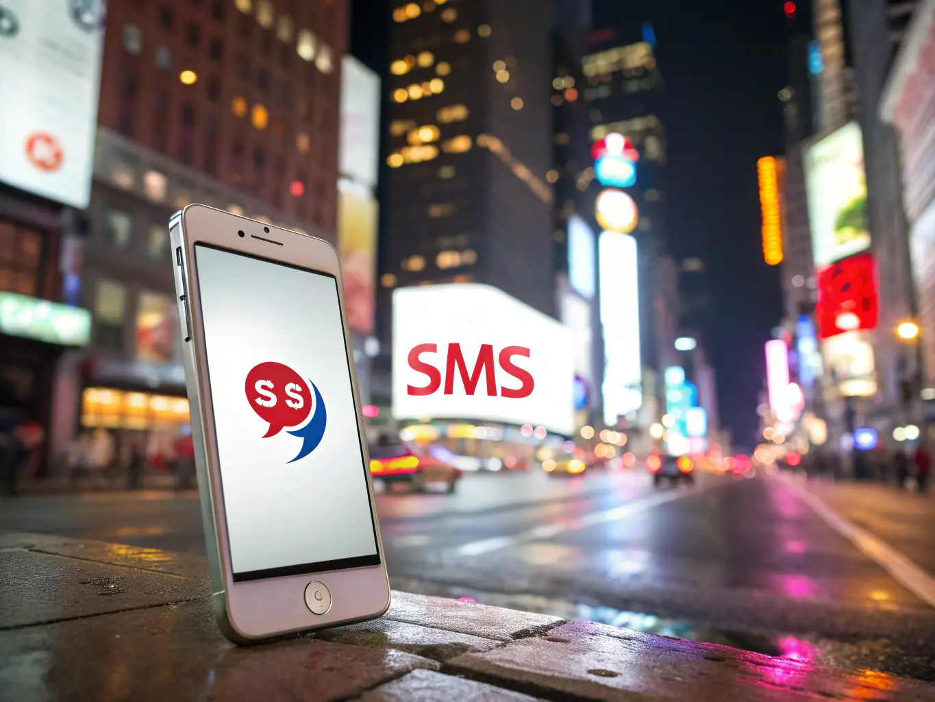 An image depicting a smartphone displaying an engaging SMS marketing message, with a backdrop of diverse people interacting with their phones.