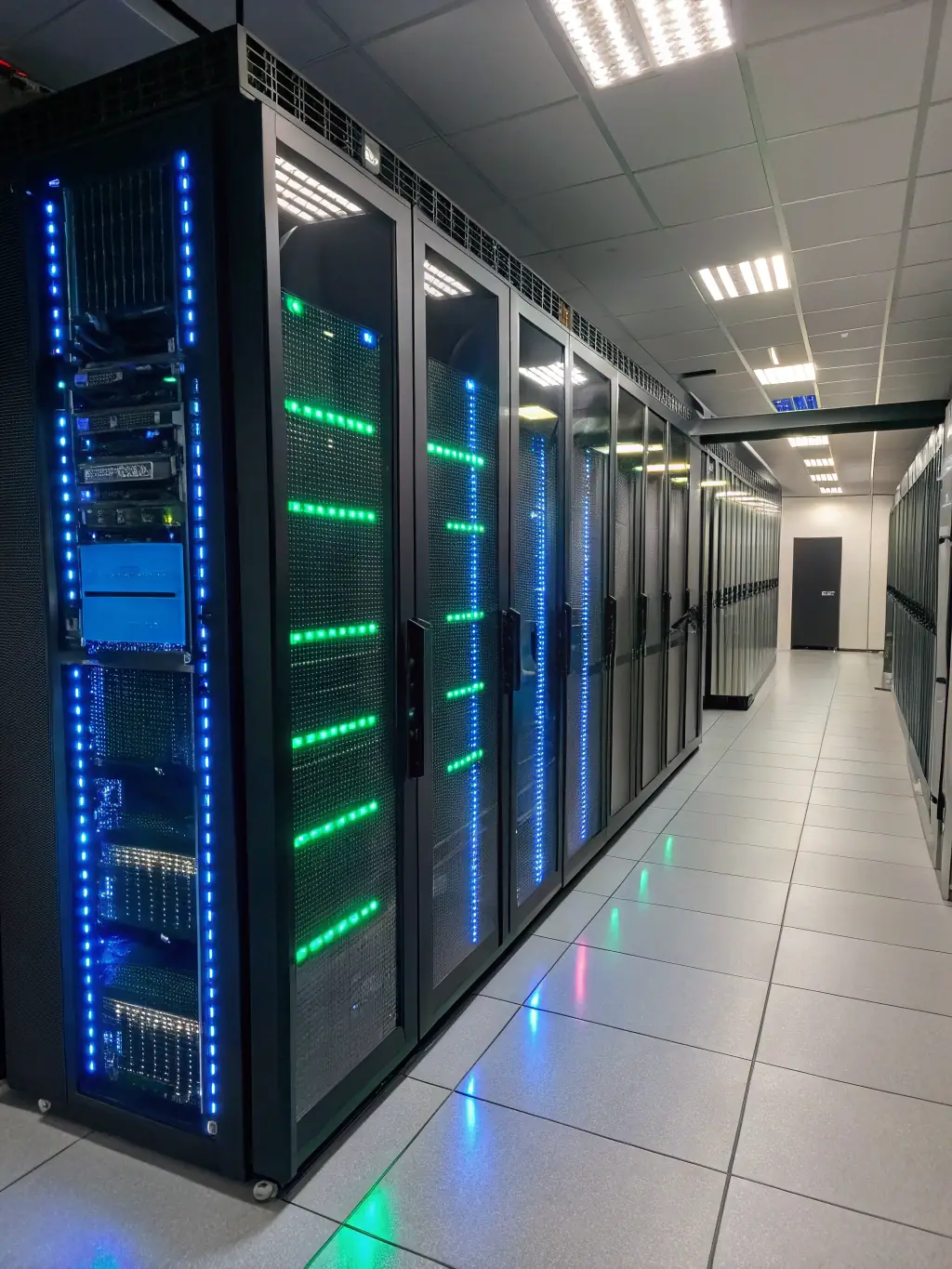 A close-up shot of a server rack with glowing blue lights, symbolizing the infrastructure behind AI automation.