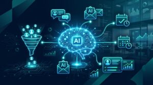 AI-powered lead follow-up automation showing funnel, brain, emails and calendar icons