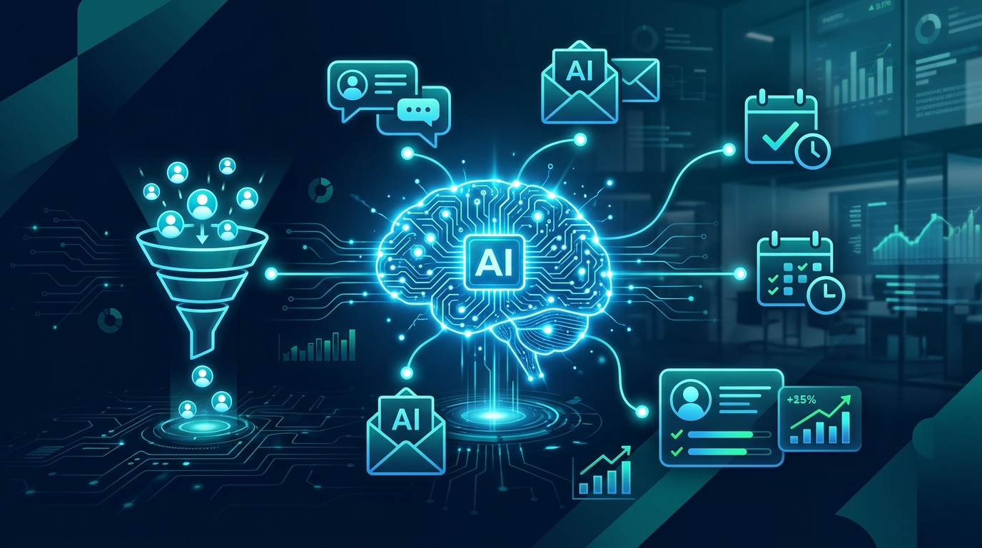 AI-powered lead follow-up automation showing funnel, brain, emails and calendar icons